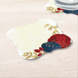 Posavasos De Papel Flores románticas de color rojo oscuro y azul mari