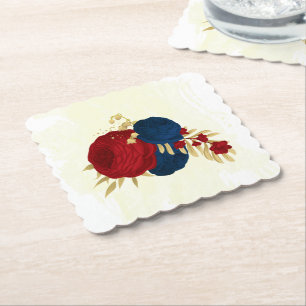 Posavasos De Papel Flores románticas de rojo oscuro y azul marino bod