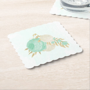 Posavasos De Papel Flores románticas verde menta y blanco oro