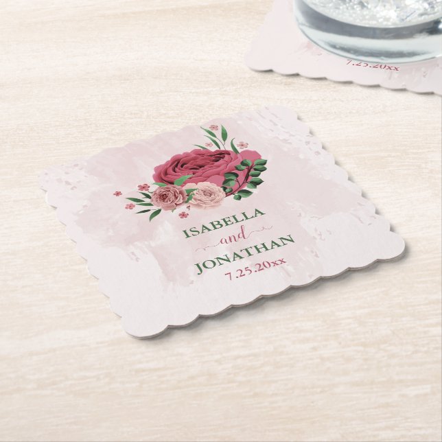 Posavasos De Papel flores rosadas hojas verdes boda (En perspectiva)