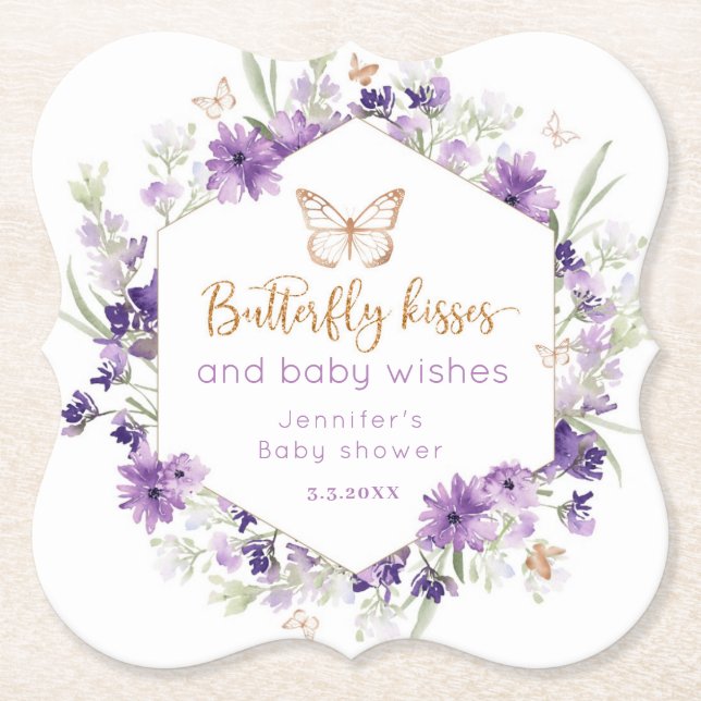 Posavasos De Papel Flores silvestres moradas mariposa besa ducha de b (Anverso)