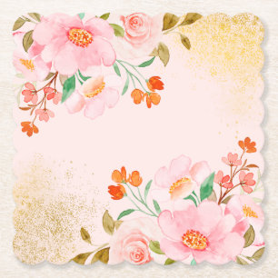 Posavasos De Papel Flores suaves pastel elegantes con textura dorada