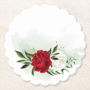 Posavasos De Papel Flores verdes rojas y blancas
