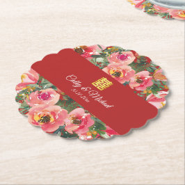 Posavasos De Papel Fondo de flor rosa símbolo de doble felicidad
