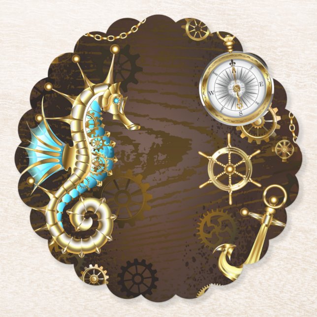 Posavasos De Papel Fondo de madera con caballito de mar mecánico (Anverso)