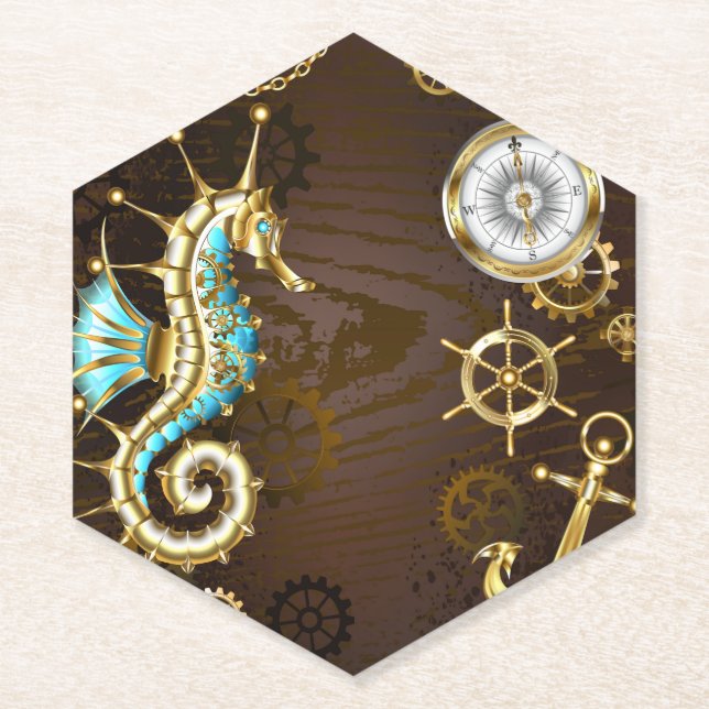 Posavasos De Papel Fondo de madera con caballito de mar mecánico (Anverso)