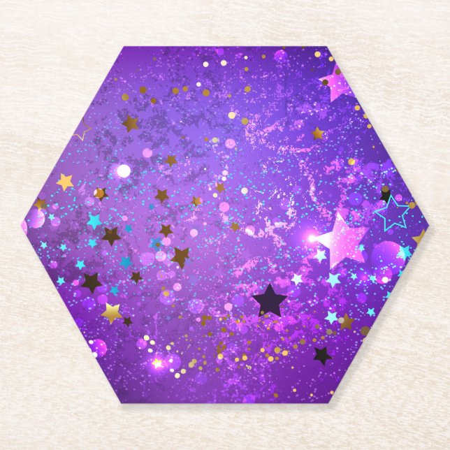 Posavasos De Papel Fondo de Relieve metalizado púrpura con estrellas (Anverso)