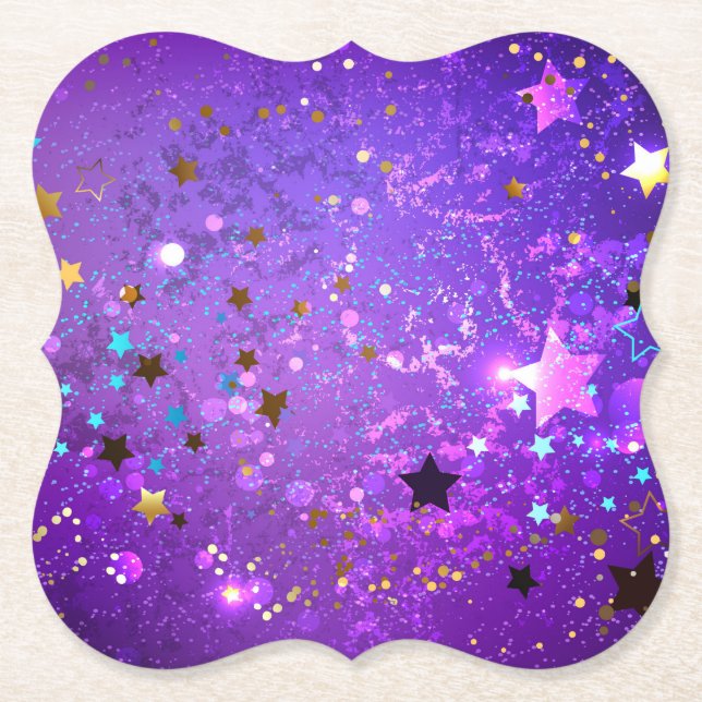 Posavasos De Papel Fondo de Relieve metalizado púrpura con estrellas (Anverso)