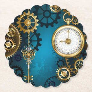 Posavasos De Papel Fondo turquesa Steampunk con engranajes