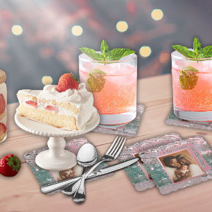 Posavasos De Papel Foto familiar de Navidad de invierno rosa