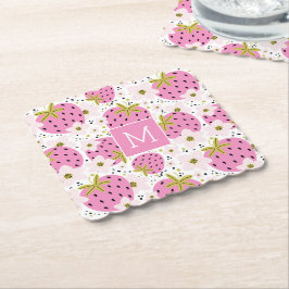 Posavasos De Papel Fresas Rosadas Monograma Personalizado