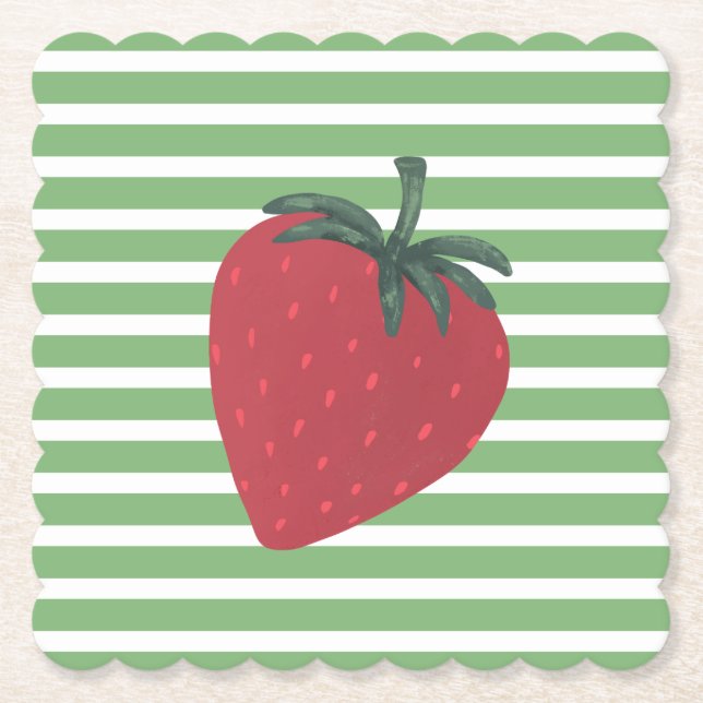 Posavasos De Papel Fruta de Fresa Roja y Rayas (Anverso)