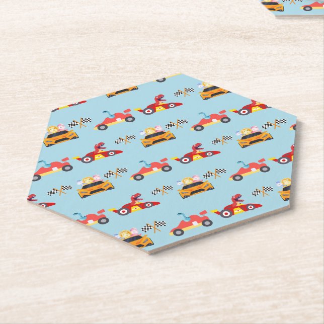 Posavasos De Papel Funny Dinosaur racing car boy kids Birthday fiesta (En perspectiva)