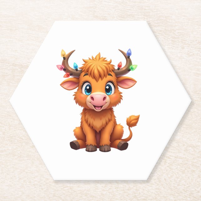 Posavasos De Papel Funny Xmas Cow Lights Boys Girls Cute Highland Cow (Anverso)