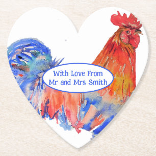 Posavasos De Papel Gallo Rojo Pollo Azul Acuarela Boda