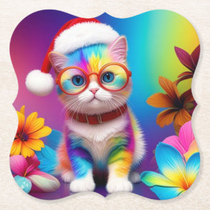 Posavasos De Papel Gatito color arcoiris como Santa Claus-57357
