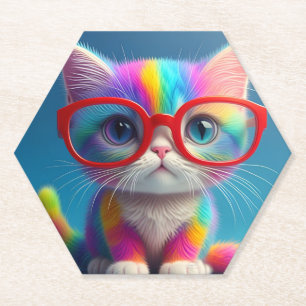 Posavasos De Papel Gatito de Colores de Arcoíris con Gafas-46568