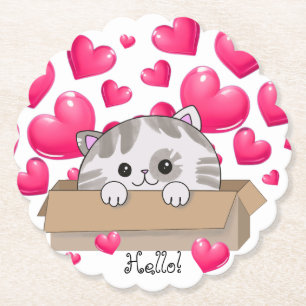Posavasos De Papel Gatito lindo en una caja y corazones rosados