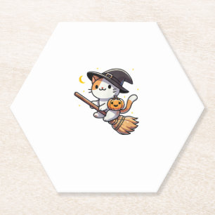 Posavasos De Papel Gato Gracioso Bruja Halloween Costume Broom Stick 