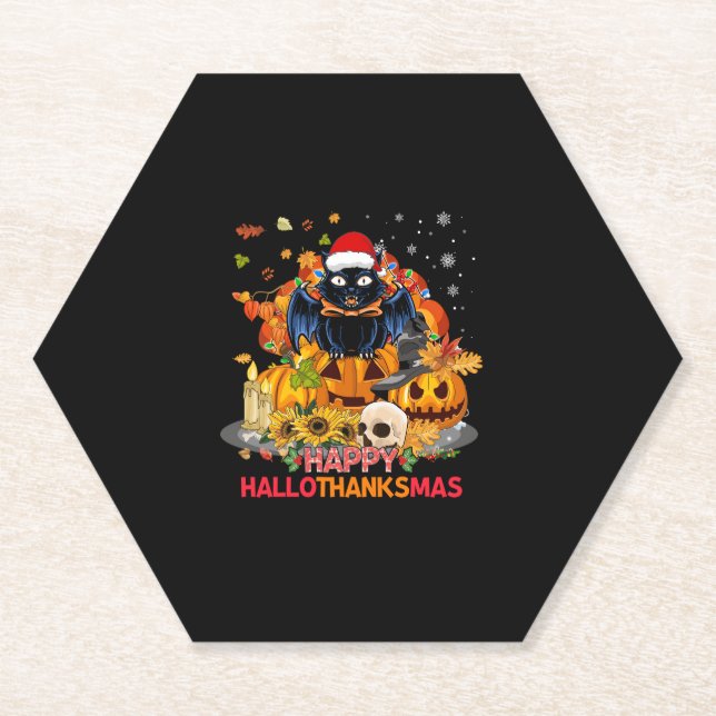 Posavasos De Papel Gato gracioso Feliz Hallothanksmas Halloween Thank (Anverso)