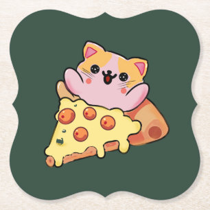 Posavasos De Papel Gato Kawaii Personalizado Abraza Pizza de Pepperon