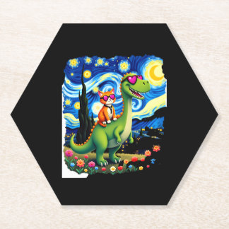 Posavasos De Papel Gato montando dinosaurio T-Rex Noche estrellada Am