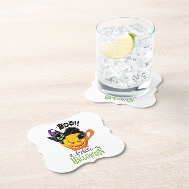 Posavasos De Papel Gato negro boo, calabaza temerosa café Halloween (In situ)