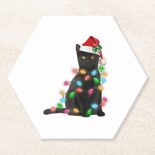 Posavasos De Papel Gato negro con luces de Navidad sombrero de Santa