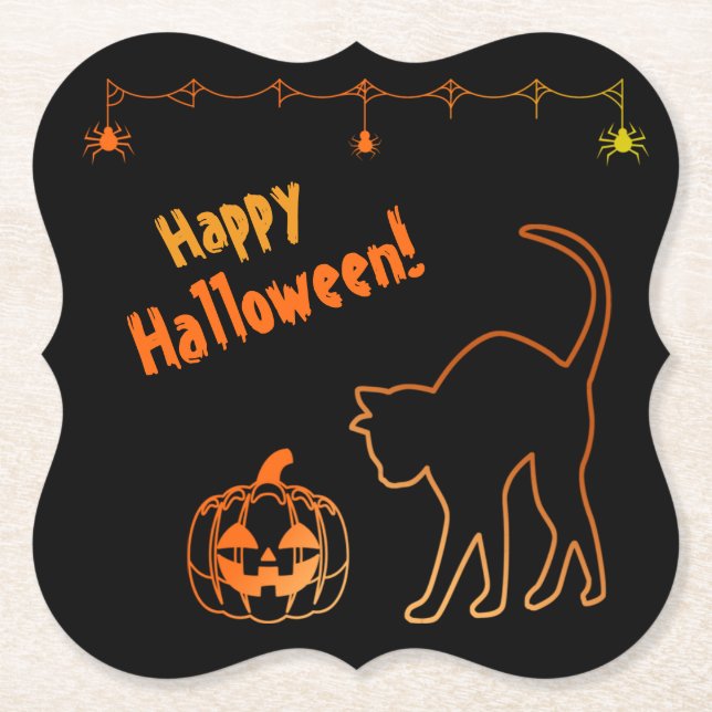 Posavasos De Papel Gato negro conoce la Halloween de Jack-o-Lantern (Anverso)