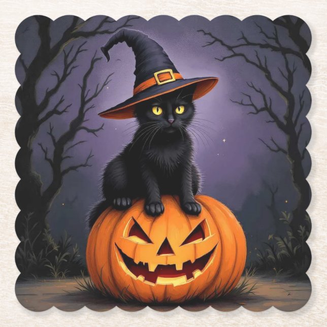 Posavasos De Papel Gato negro de Halloween con Gorra de bruja (Anverso)