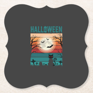 Posavasos De Papel Gato Negro De Halloween Luna Cementerio Retro Vect