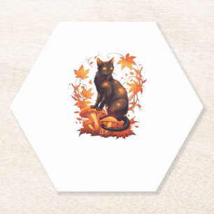 Posavasos De Papel Gato negro mágico en bosque otoñal � caída celeste