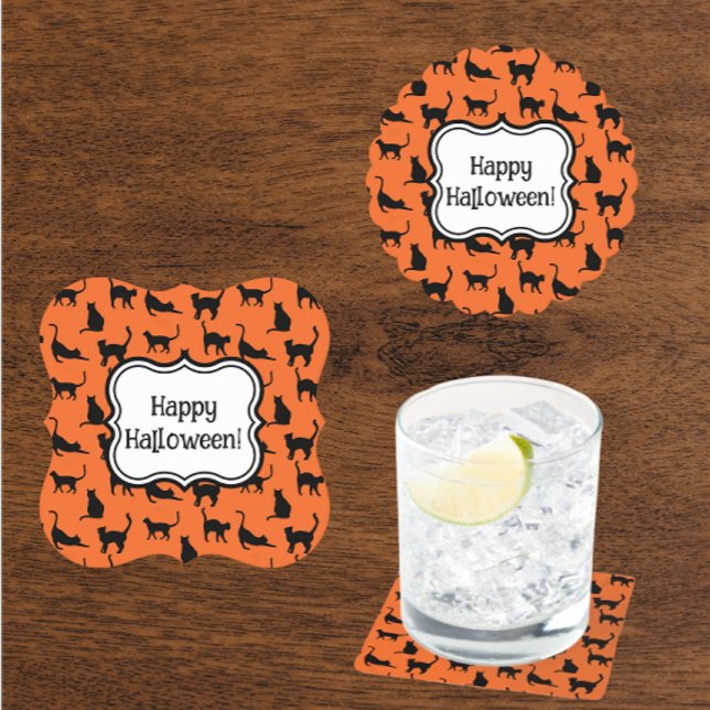 Posavasos De Papel Gato negro Naranja de la fiesta de Halloween perso (Personalize with your own message coasters)