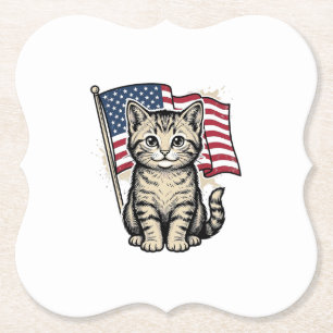 Posavasos De Papel Gato Patriótico con Bandera Americana Diseño Vecto