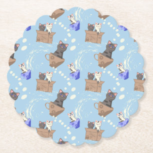 Posavasos De Papel Gatos en caja y gotas de leche en azul