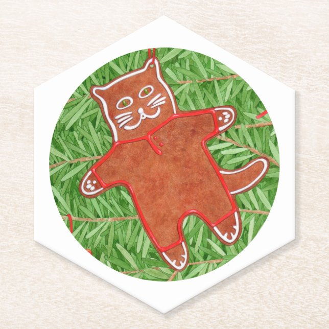 Posavasos De Papel GINGERBREAD KITTY Pointy Hexagon Coasters / Blanco (Anverso)