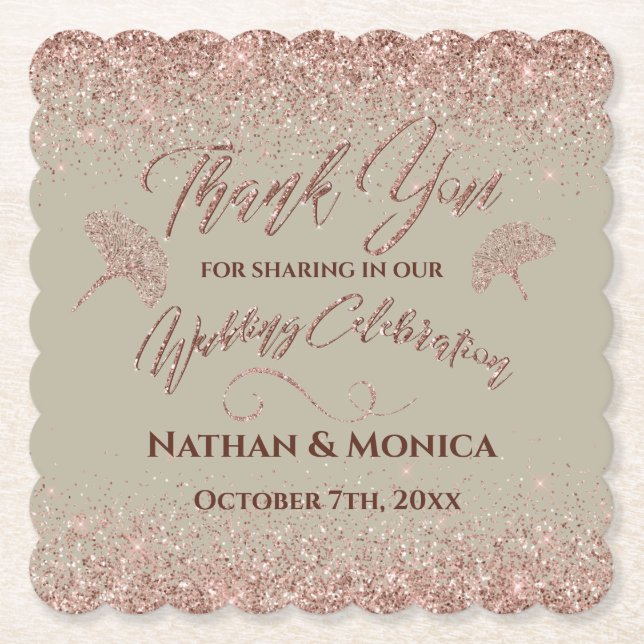 Posavasos De Papel Gingko, Purpurina de oro Rosa, se va con bruma gri (Anverso)