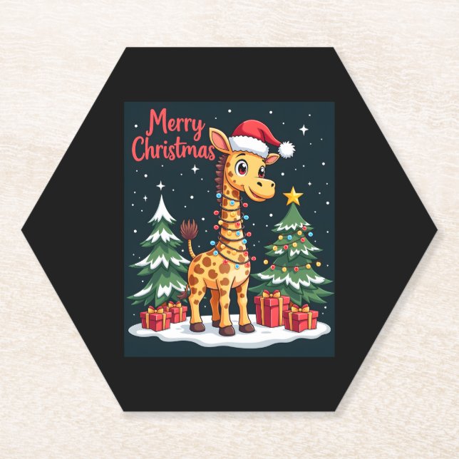 Posavasos De Papel Giraffe Merry Árbol de Navidad iluminando Santa Gi (Anverso)