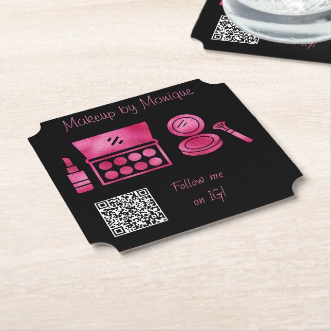 Posavasos De Papel Glam Black & Hot Pink Makup Artista Código QR (En perspectiva)
