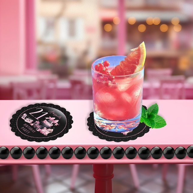 Posavasos De Papel Glam Pink Black Fashion 21st Birthday Fiesta (Glam Pink and Black French Couture Fashion 21st Birthday Party Coasters)