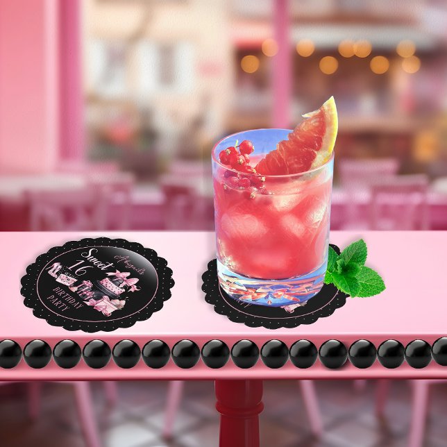 Posavasos De Papel Glam Pink Black Fashion Sweet 16 cumpleaños fiesta (Glam Pink and Black French Couture Fashion Sweet 16 Birthday Party Coasters)