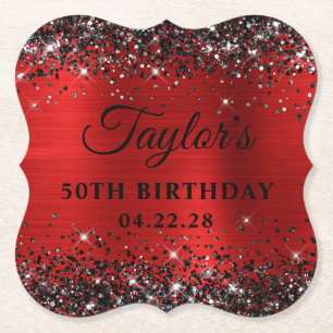 Posavasos De Papel Glitter Negro Holográfico Rojo Cumpleaños 50