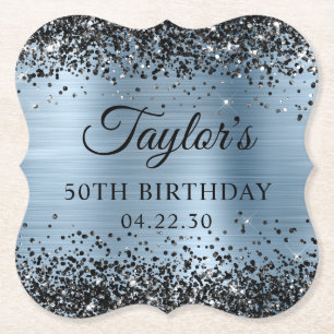 Posavasos De Papel Glitter Negro Luz Azul Foil 50 Cumpleaños