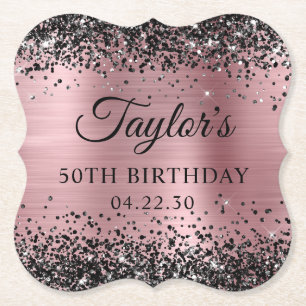 Posavasos De Papel Glitter Negro Rosa Claro Foil Cumpleaños 50