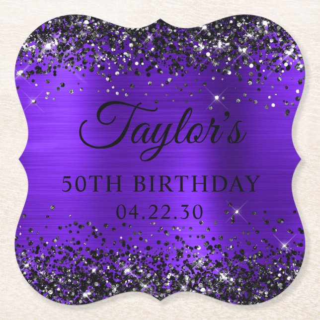 Posavasos De Papel Glitter Negro Violeta Foil Cumpleaños 50 (Anverso)