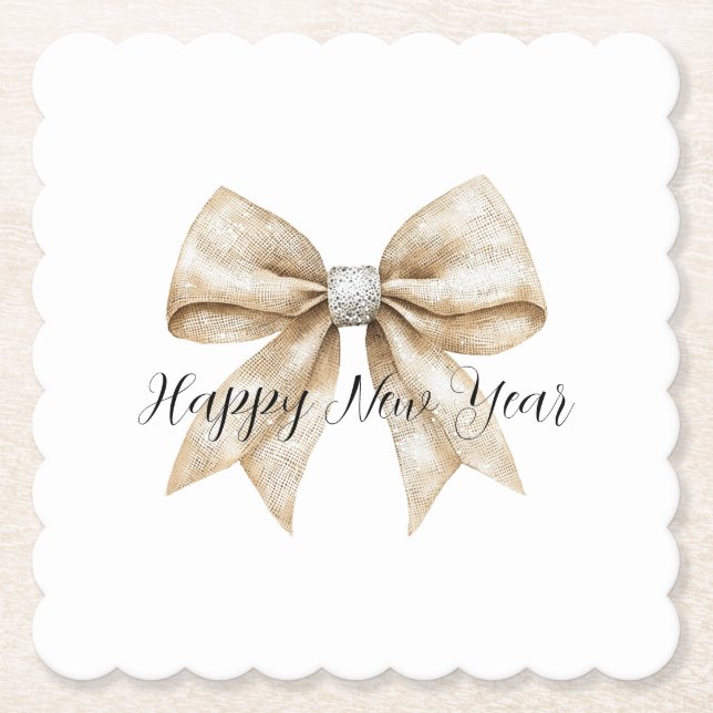 Posavasos De Papel Glitzy Silver Cream Bow New Year's Eve (Anverso)