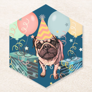 Posavasos De Papel Globos de Celebración de Fiesta de Pug con Confeti
