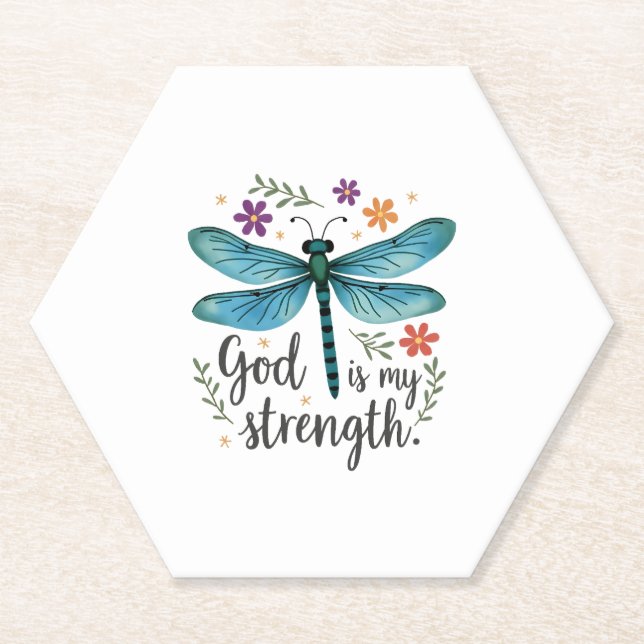 Posavasos De Papel God is my strength Floral Dragonfly Christian T-Sh (Anverso)