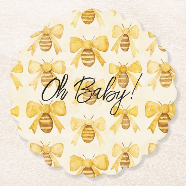 Posavasos De Papel Gold Yellow Honey Bees Bows Baby Shower (Anverso)