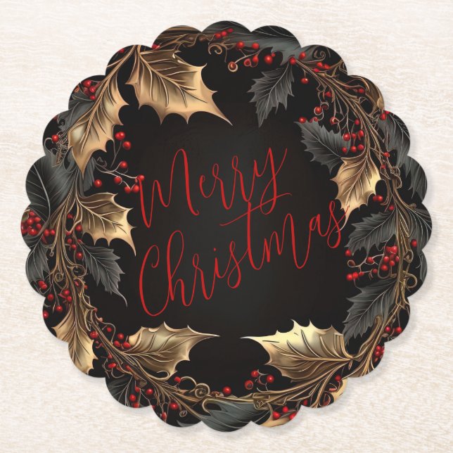 Posavasos De Papel Golden Holly Wreath – Elegant Christmas (Anverso)